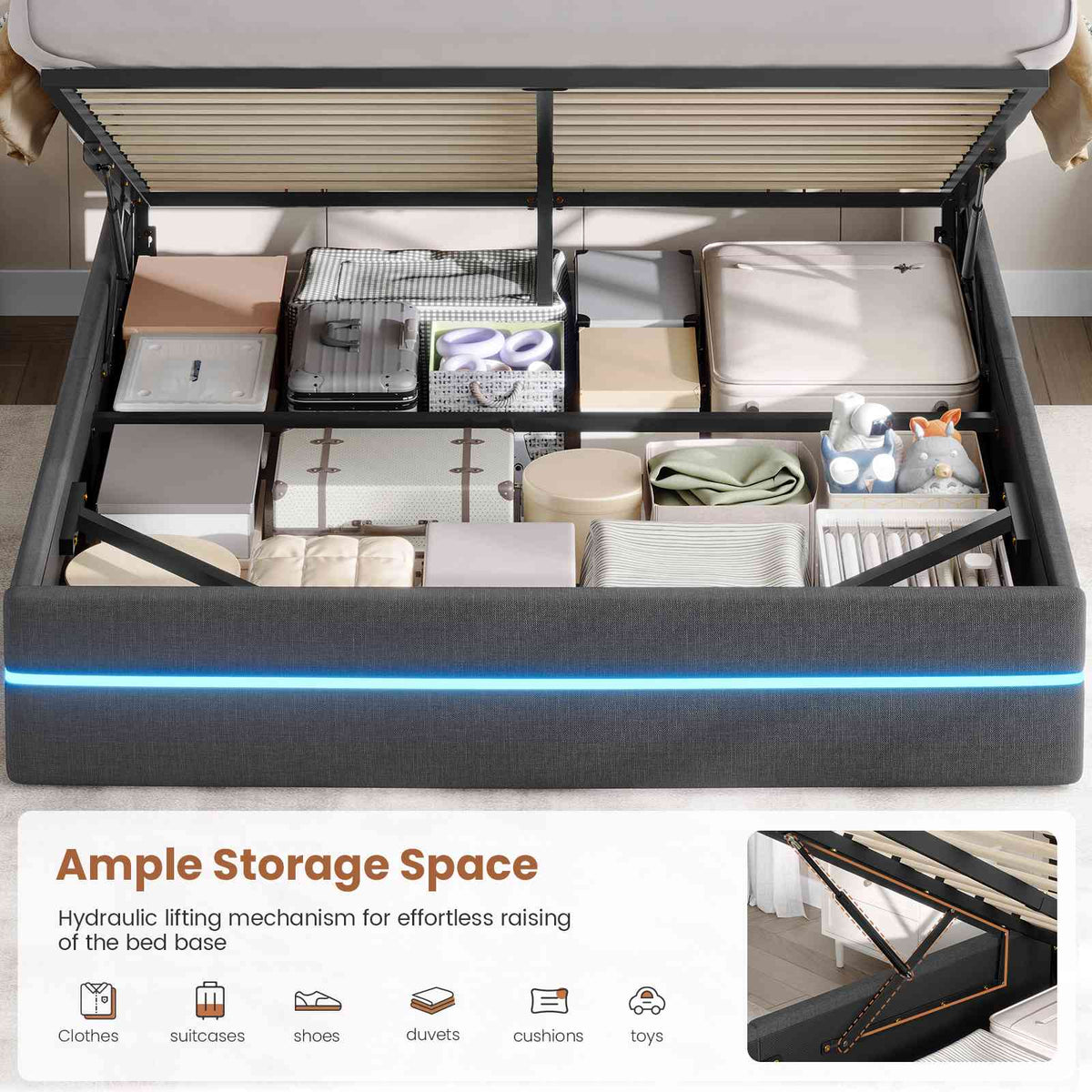 AOGLLATI King Size Ottoman Bed Frame with Storage LED Lights