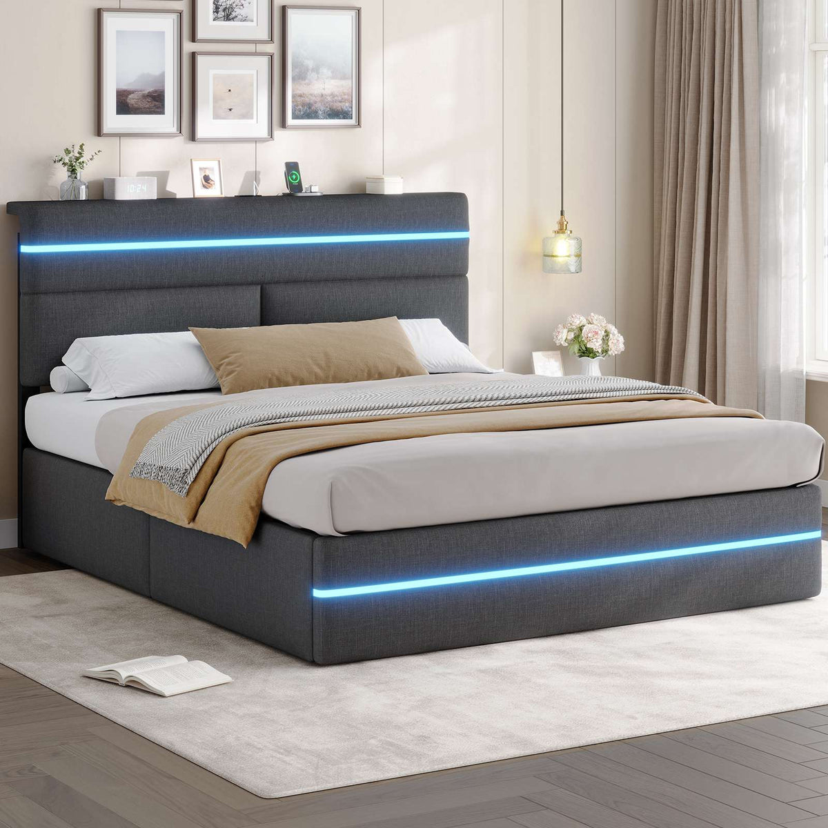 AOGLLATI King Size Ottoman Bed Frame with Storage LED Lights