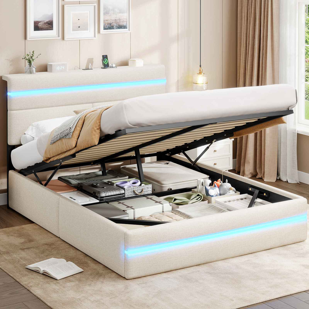 AOGLLATI Ottoman Double Bed Frame with Storage LED Lights