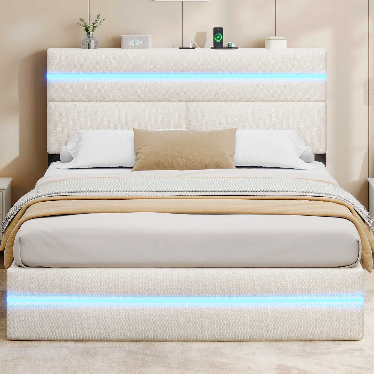 AOGLLATI Ottoman Double Bed Frame with Storage LED Lights