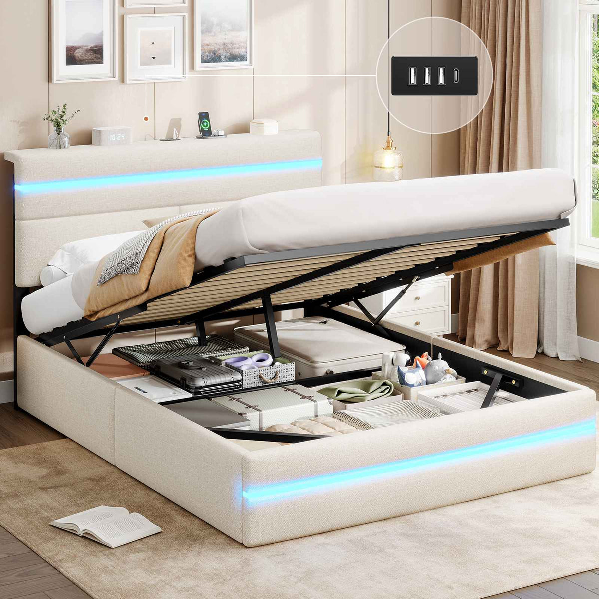 AOGLLATI Ottoman Double Bed Frame with Storage LED Lights