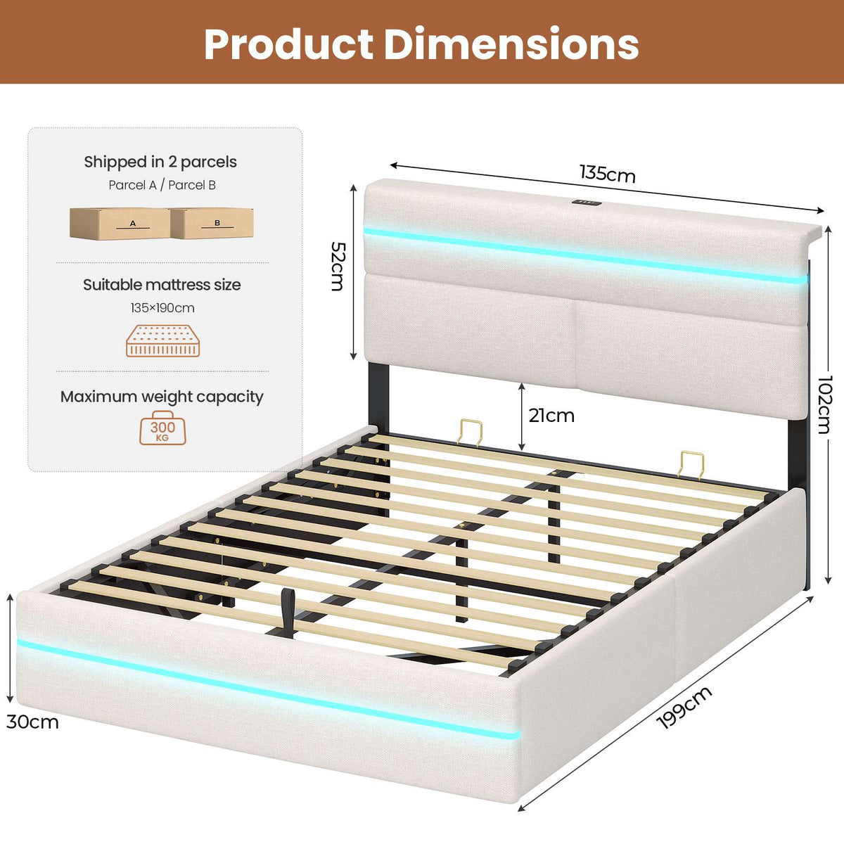 AOGLLATI Ottoman Double Bed Frame with Storage LED Lights