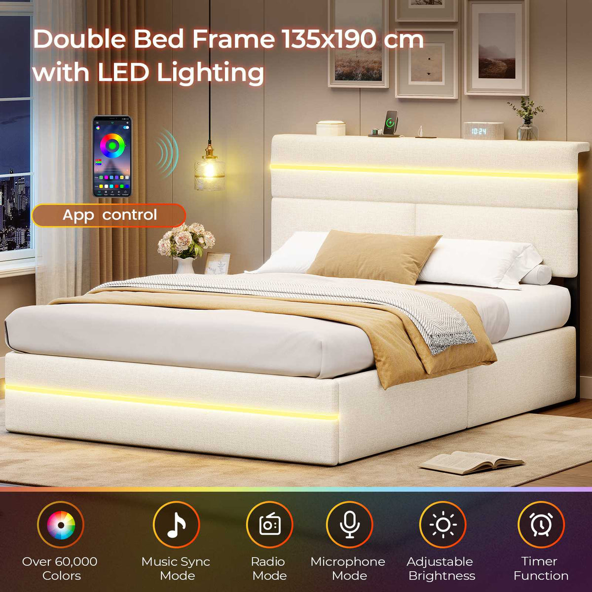 AOGLLATI Ottoman Double Bed Frame with Storage LED Lights