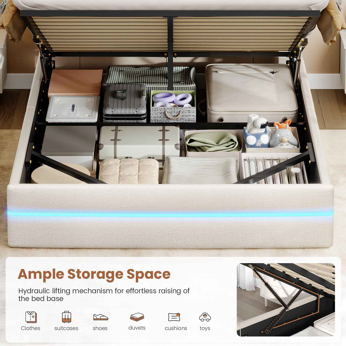 AOGLLATI Ottoman Double Bed Frame with Storage LED Lights