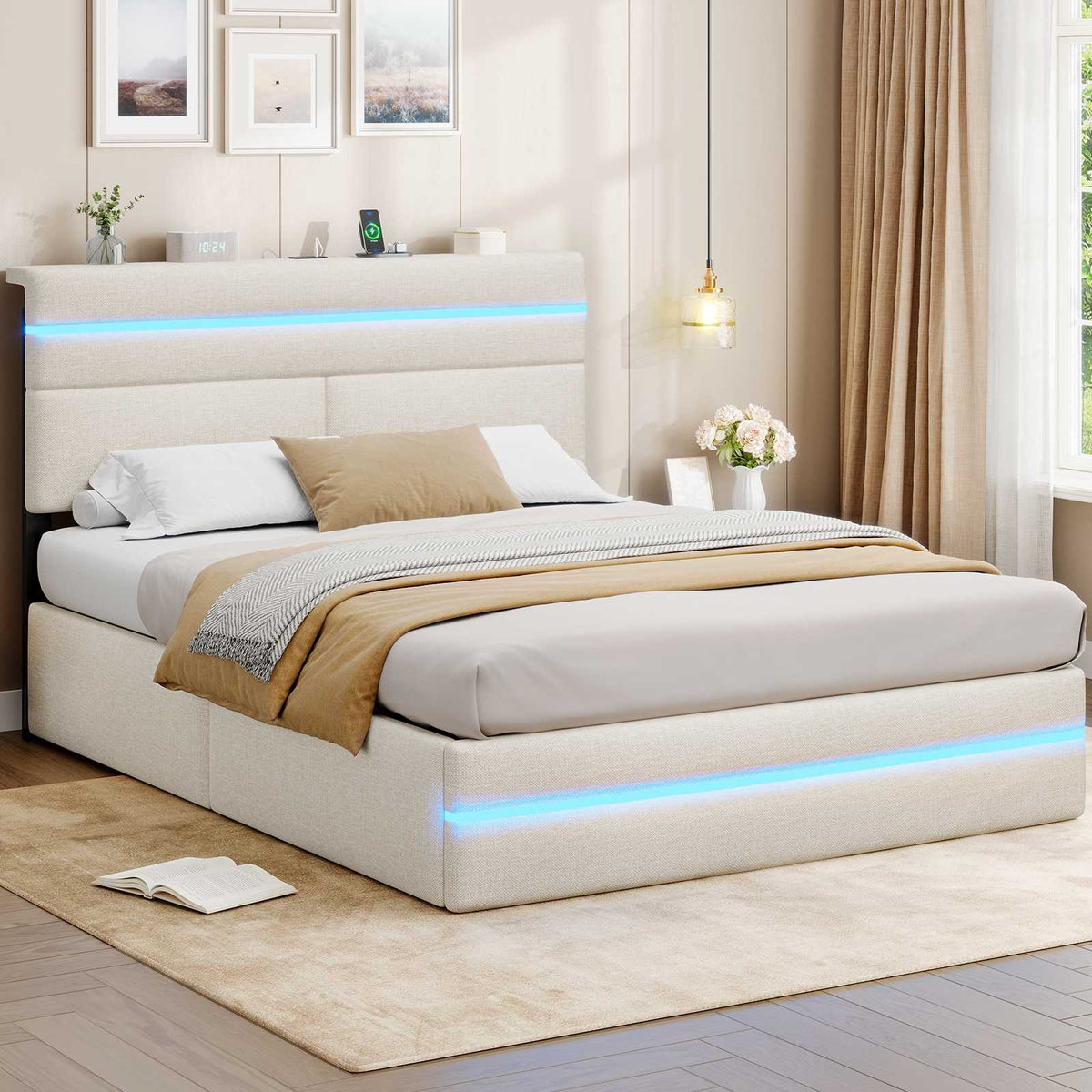 AOGLLATI Ottoman Double Bed Frame with Storage LED Lights