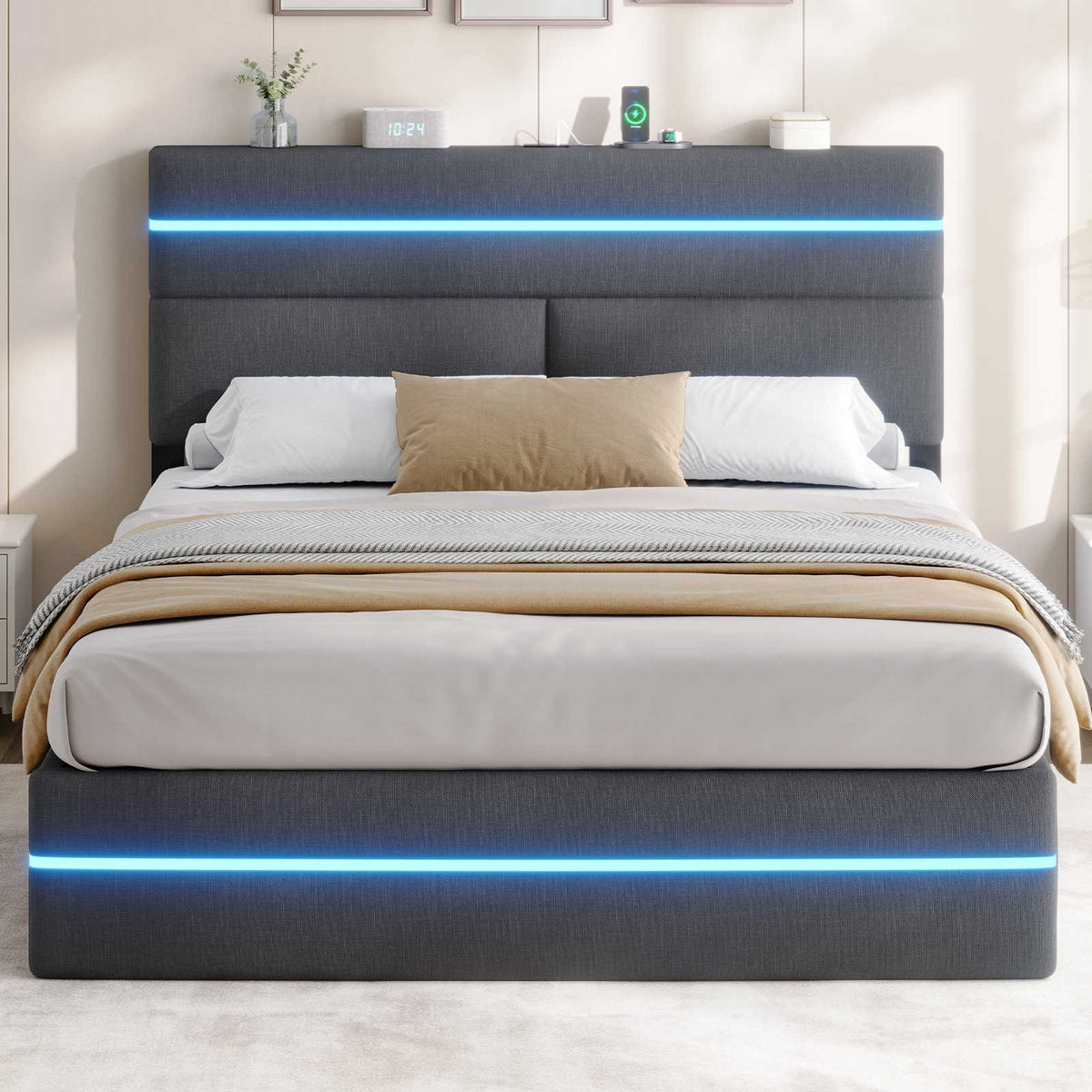 AOGLLATI Ottoman Double Bed Frame with Storage LED Lights
