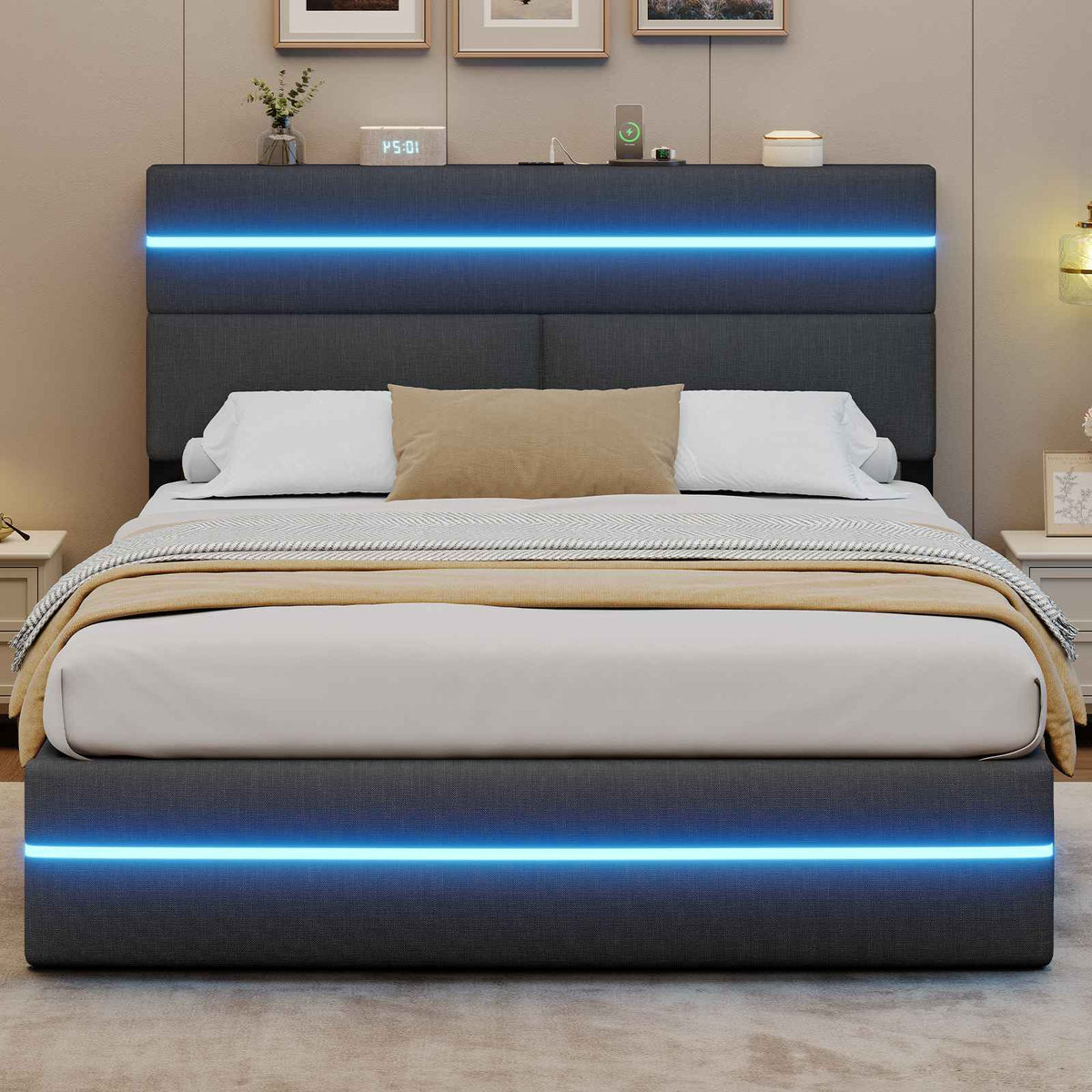 AOGLLATI Ottoman Double Bed Frame with Storage LED Lights