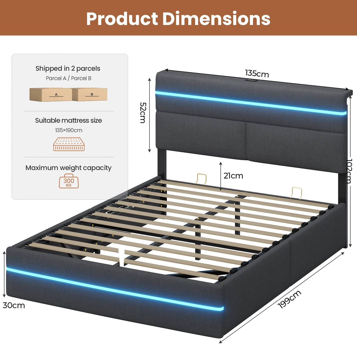 AOGLLATI Ottoman Double Bed Frame with Storage LED Lights