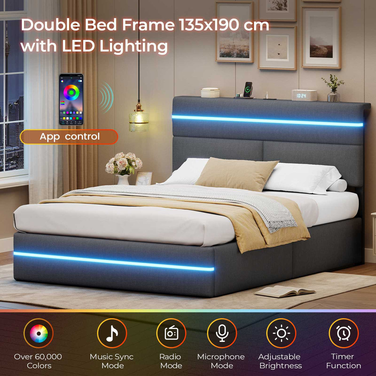 AOGLLATI Ottoman Double Bed Frame with Storage LED Lights