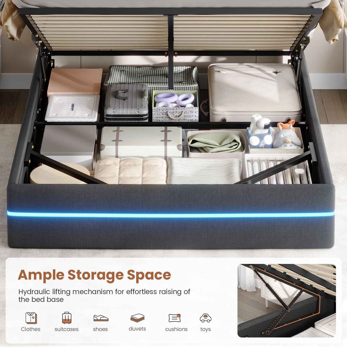 AOGLLATI Ottoman Double Bed Frame with Storage LED Lights