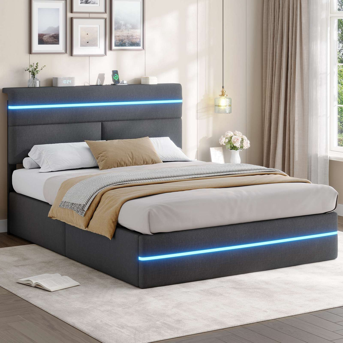 AOGLLATI Ottoman Double Bed Frame with Storage LED Lights