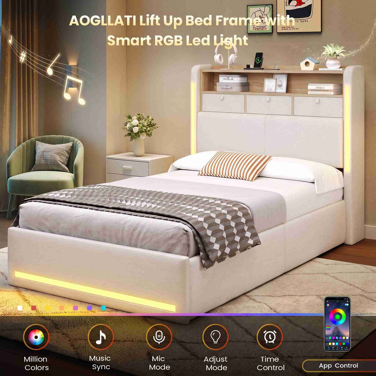 AOGLLATI single ottoman bed with storage and led lights 90x190 CM