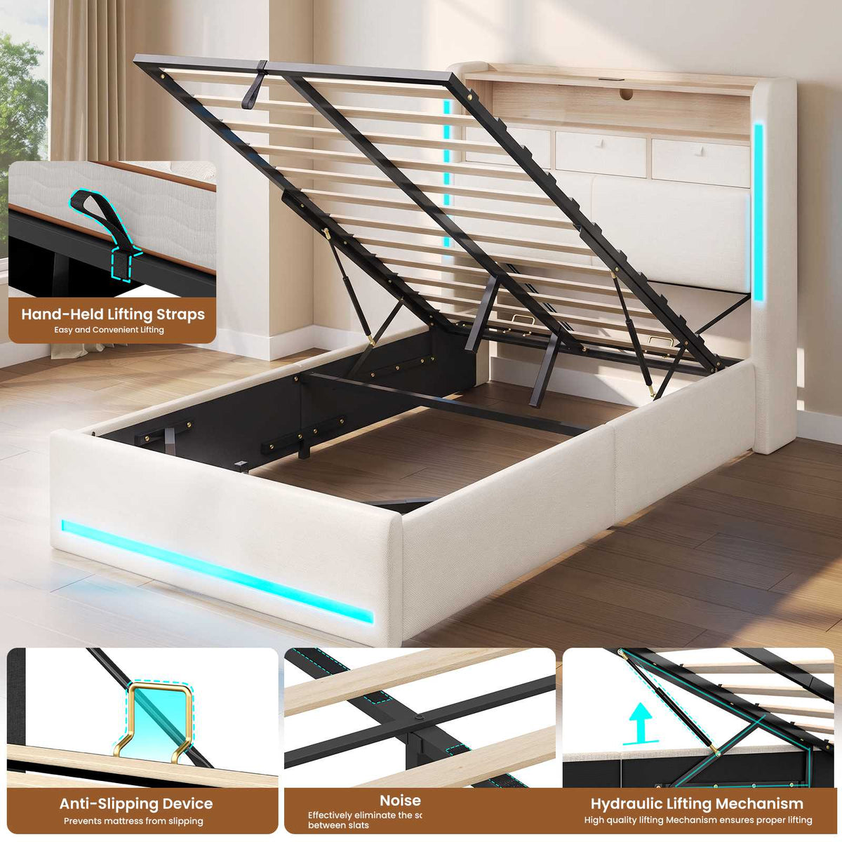 AOGLLATI single ottoman bed with storage and led lights 90x190 CM