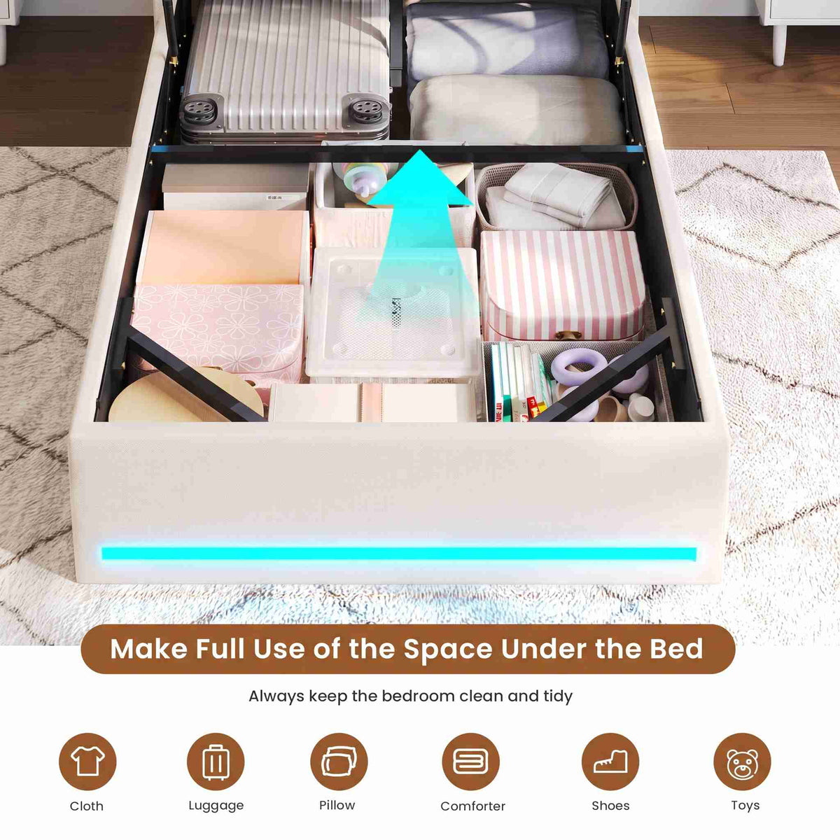 AOGLLATI single ottoman bed with storage and led lights 90x190 CM