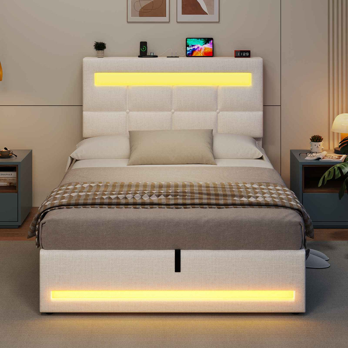 AOGLLATI 3ft Single Bed Frame with Charging Station LED Lights Single Ottoman Bed with Under bed Storage and Storage Headboard