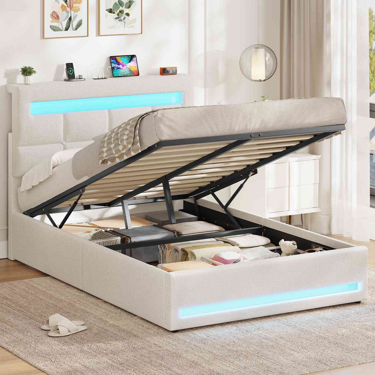 AOGLLATI 3ft Single Bed Frame with Charging Station LED Lights Single Ottoman Bed with Under bed Storage and Storage Headboard