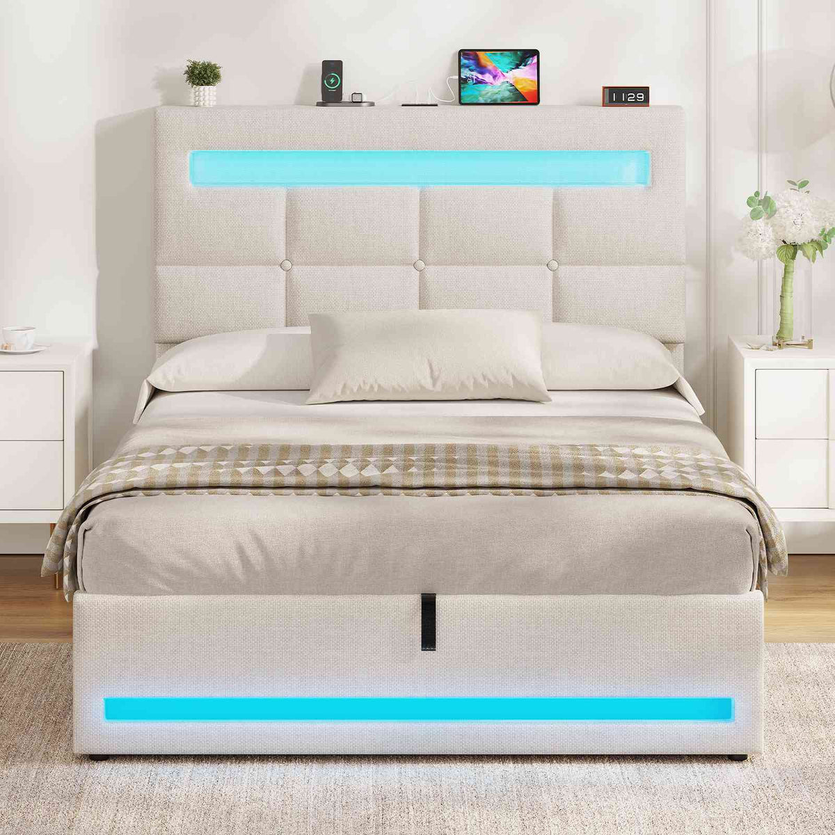 AOGLLATI 3ft Single Bed Frame with Charging Station LED Lights Single Ottoman Bed with Under bed Storage and Storage Headboard