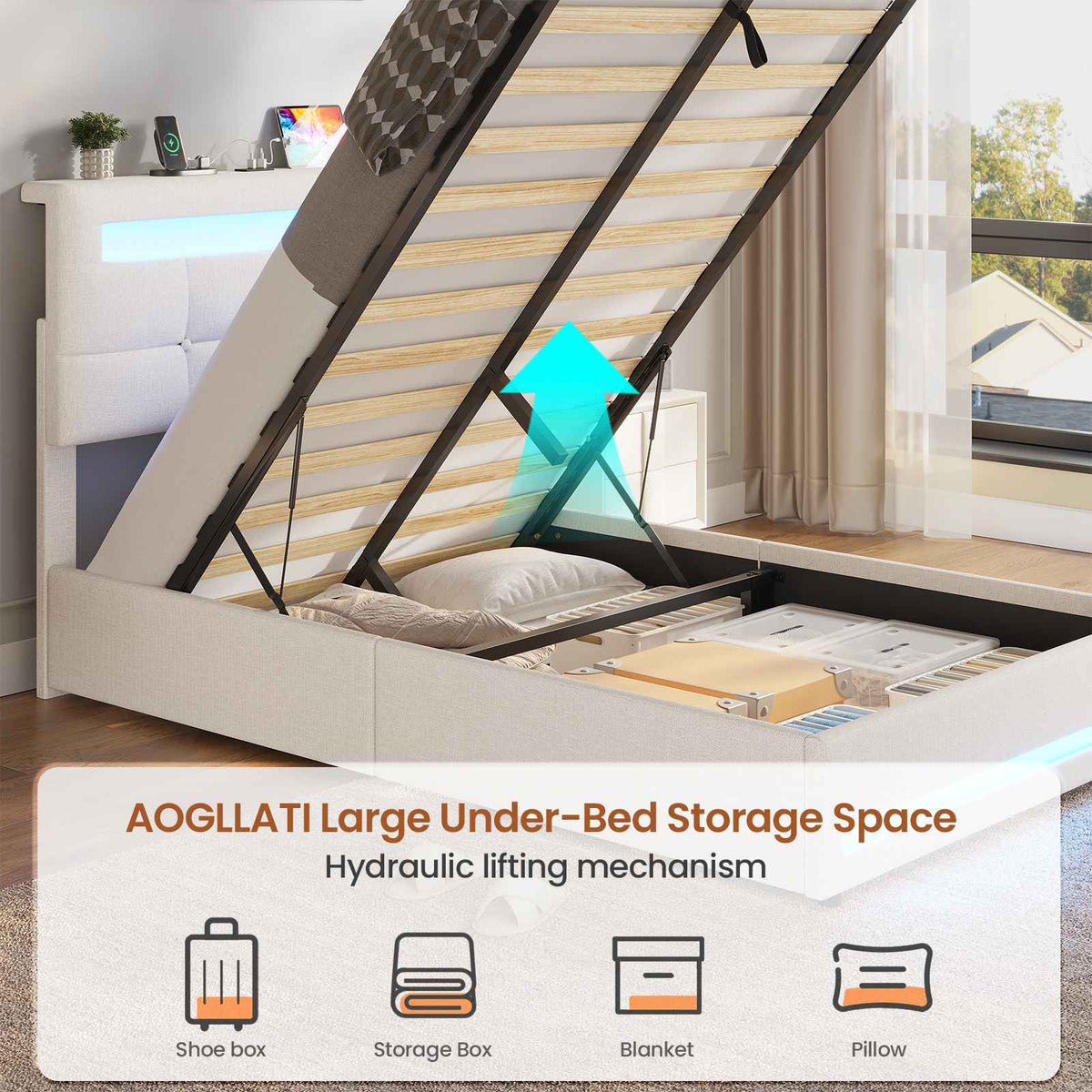 AOGLLATI 3ft Single Bed Frame with Charging Station LED Lights Single Ottoman Bed with Under bed Storage and Storage Headboard