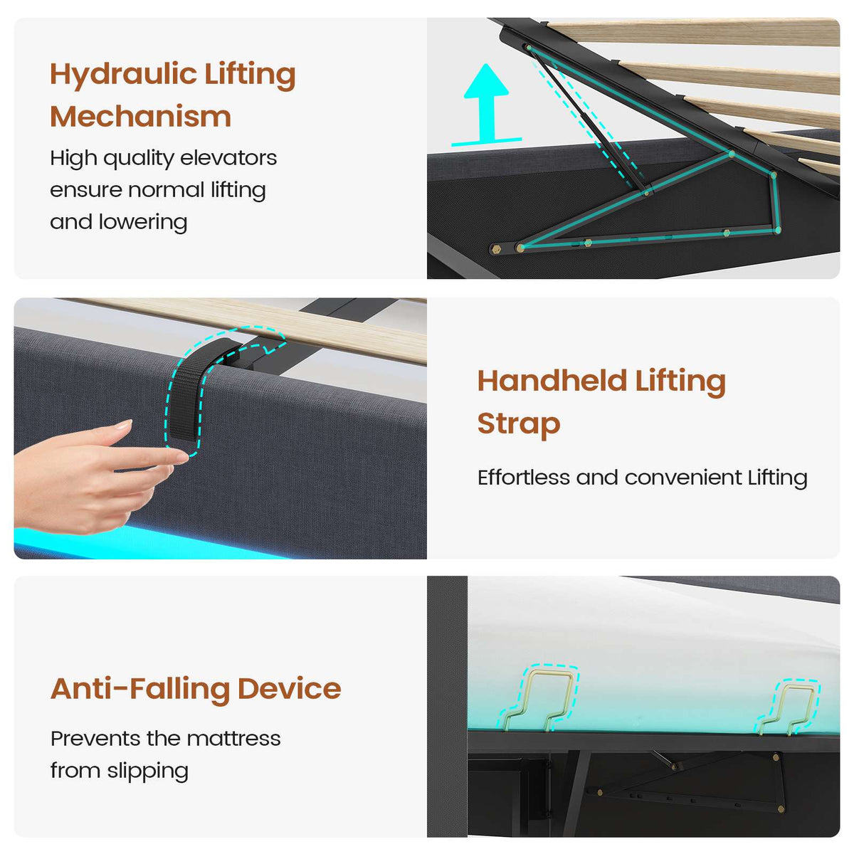 AOGLLATI 3ft Single Bed Frame with Charging Station LED Lights Single Ottoman Bed with Under bed Storage and Storage Headboard