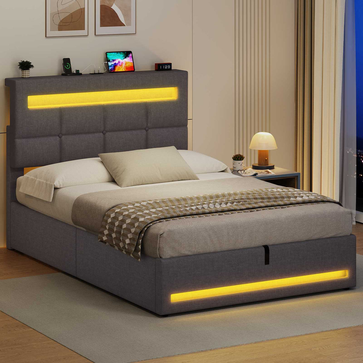 AOGLLATI 3ft Single Bed Frame with Charging Station LED Lights Single Ottoman Bed with Under bed Storage and Storage Headboard