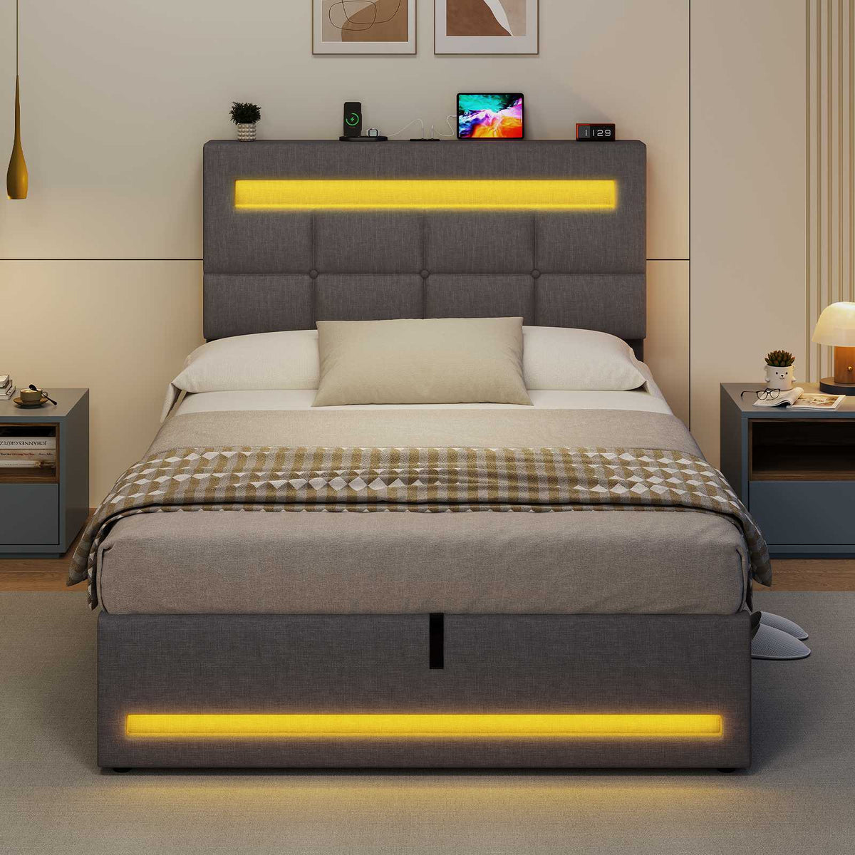 AOGLLATI 3ft Single Bed Frame with Charging Station LED Lights Single Ottoman Bed with Under bed Storage and Storage Headboard