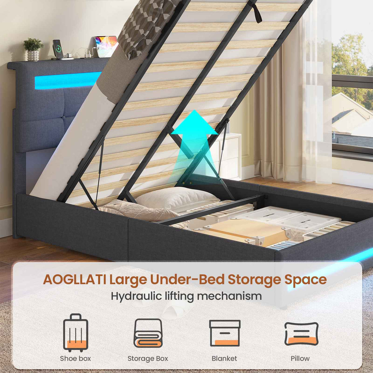 AOGLLATI 3ft Single Bed Frame with Charging Station LED Lights Single Ottoman Bed with Under bed Storage and Storage Headboard