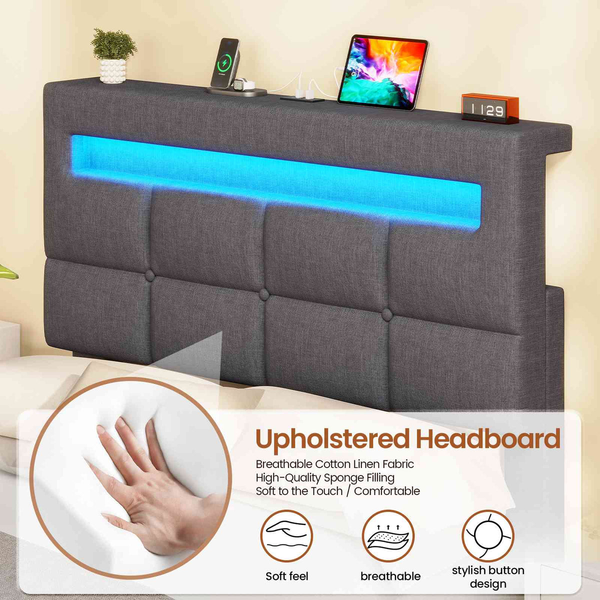 AOGLLATI 3ft Single Bed Frame with Charging Station LED Lights Single Ottoman Bed with Under bed Storage and Storage Headboard
