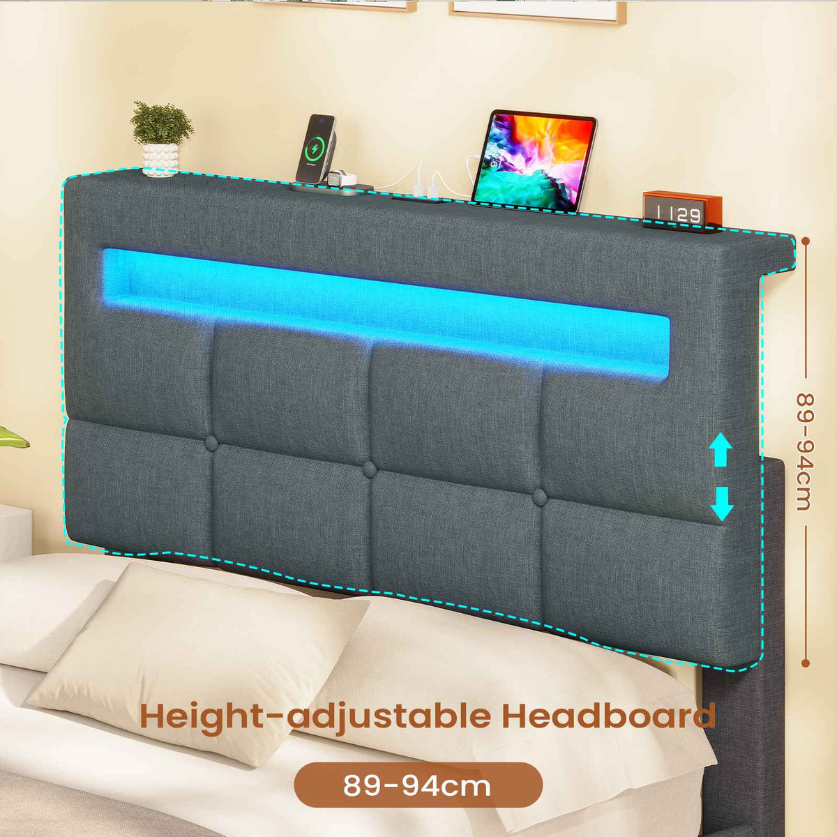 AOGLLATI 3ft Single Bed Frame with Charging Station LED Lights Single Ottoman Bed with Under bed Storage and Storage Headboard